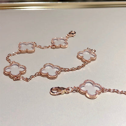 [Moco]CLOVER 5 MOTIF ROCK CRYSTAL PINK GOLD BRACELET