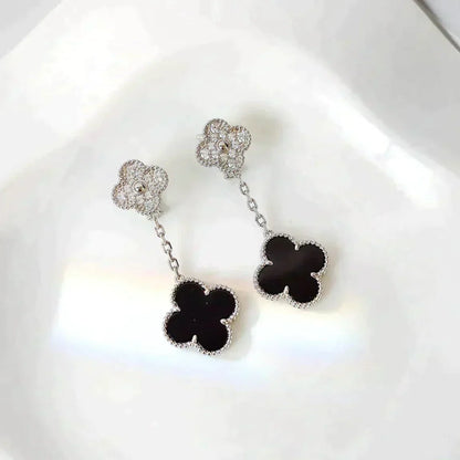 [Moco]CLOVER 2 MOTIFS  DIAMOND ONYX EARRINGS SILVER