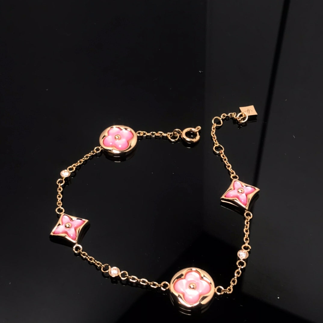 [Moco]STAR AND SUN 4 MOTIF PINK MOP PINK GOLD BRACELET