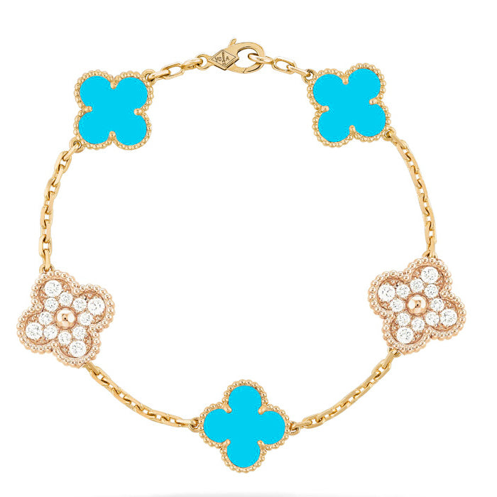 [Moco]CLOVER 5 MOTIF TURQUOISE DIAMOND GOLD BRACELET