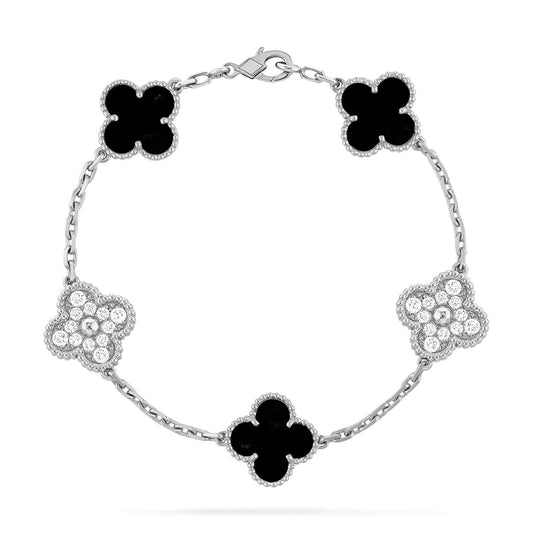 [Moco]CLOVER 5 MOTIV ONYX DIAMANT ARMBAND SILBER 