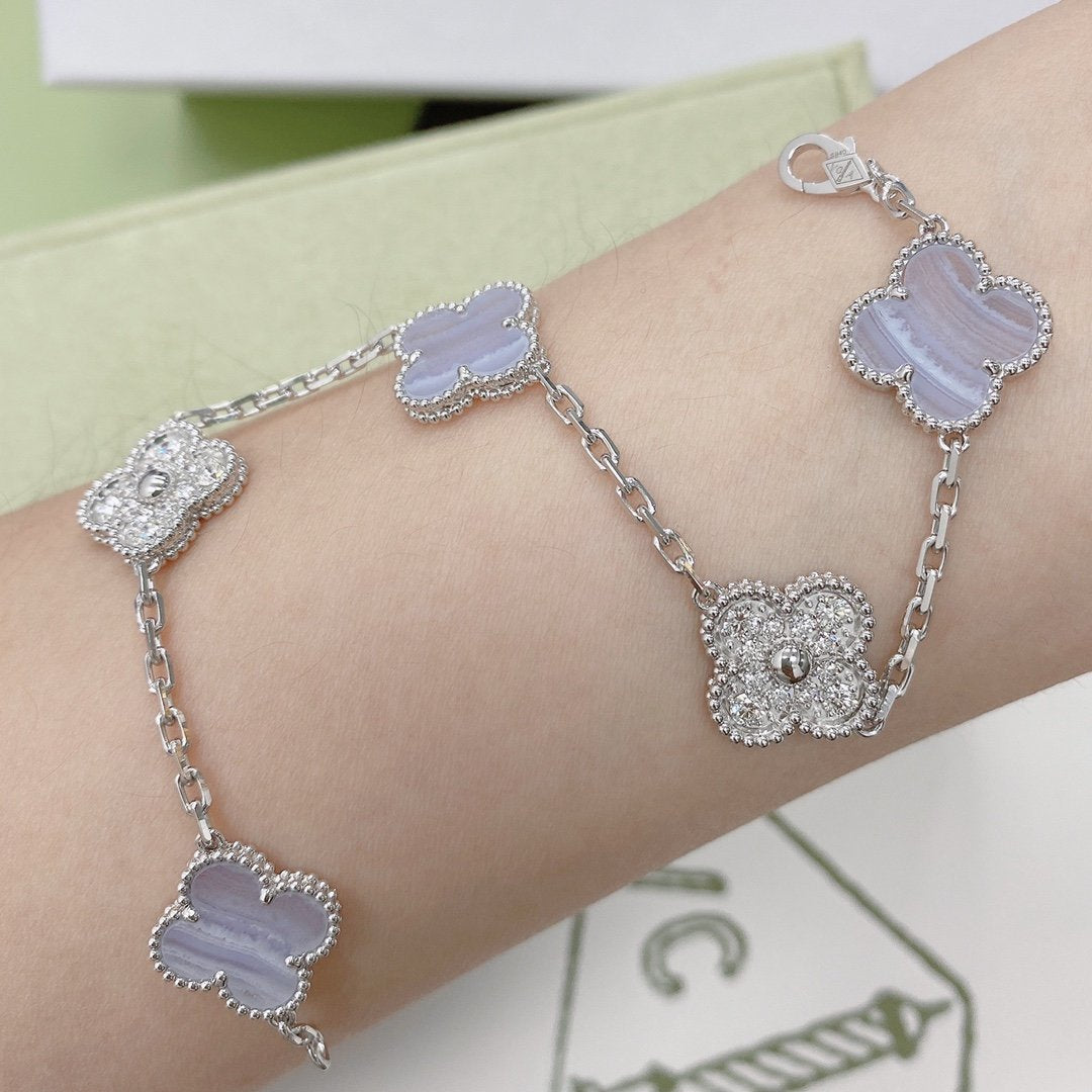 [Moco]CLOVER  5 MOTIF DIAMOND PURPLE CHALCEDONY BRACELET SILVER