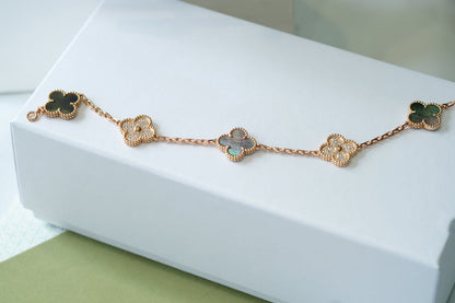 [Moco]CLOVER 5 MOTIFS DARK MOP AND DIAMONDS PINK GOLD BRACELET