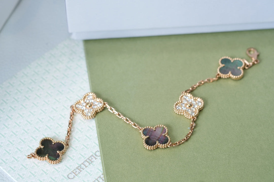 [Moco]CLOVER 5 MOTIFS DARK MOP AND DIAMONDS PINK GOLD BRACELET